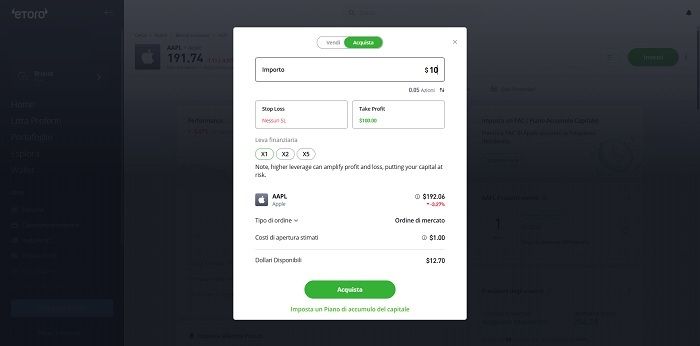 etoro demo impostazione ordine