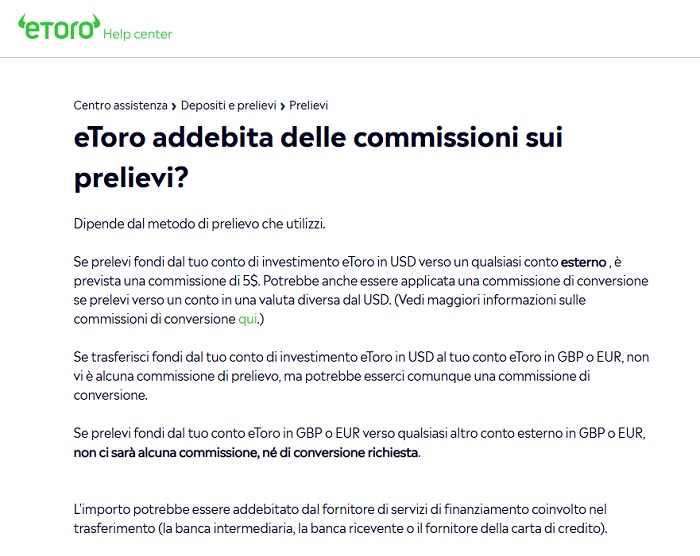 etoro deposito minimo commissioni prelievo