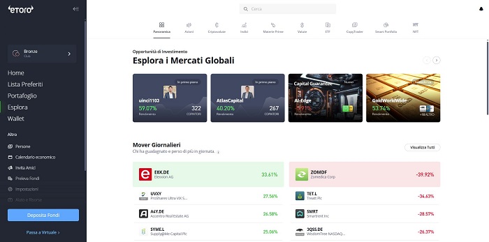 eToro menu esplora