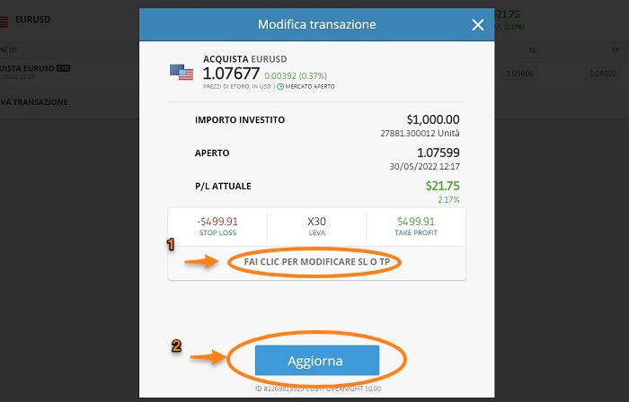 stop loss aggiorna ordine eToro